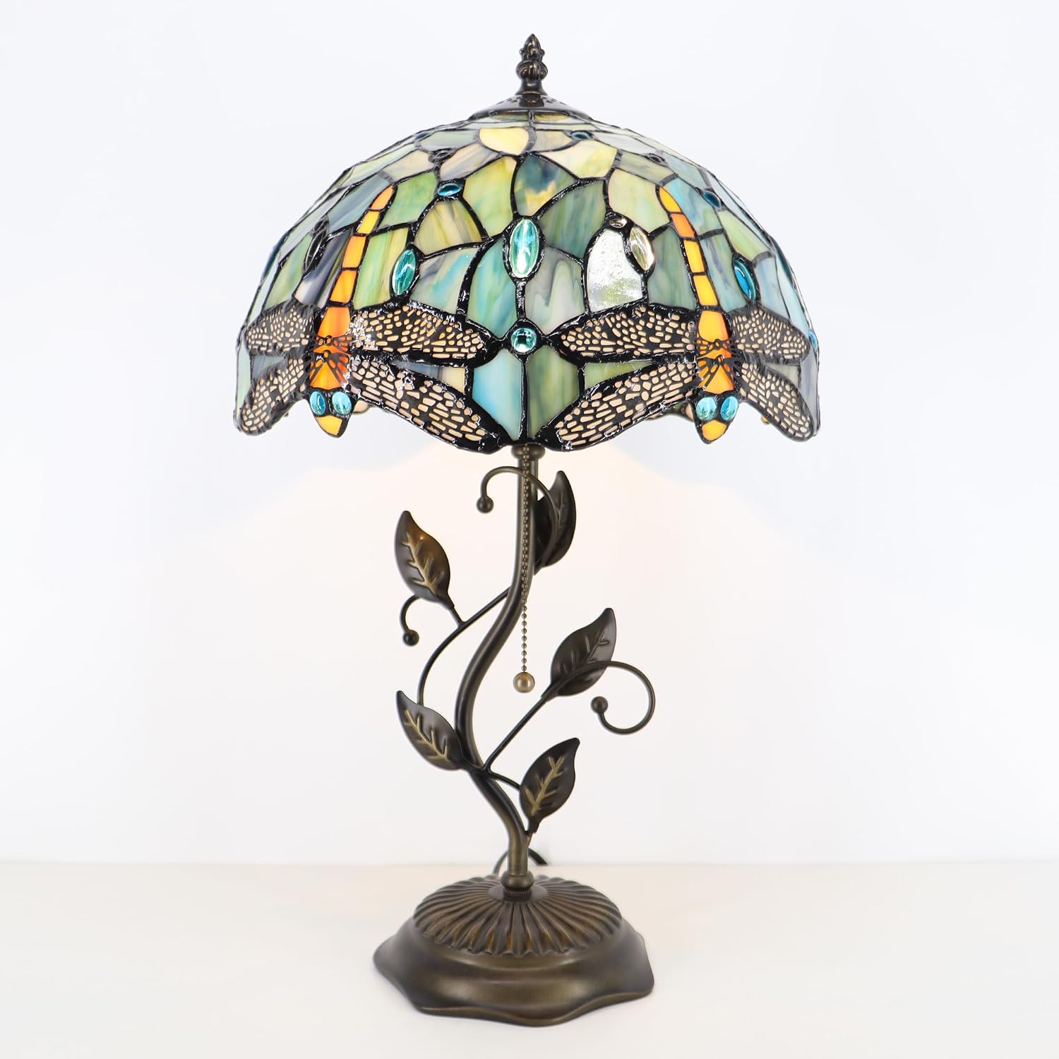 Tiffany Table Lamp, Stained Glass Style Desk Lamp, 12X12X19 Inch,Bedside Reading Light, Metal Leaf Base (Brown Dragonfly Style)