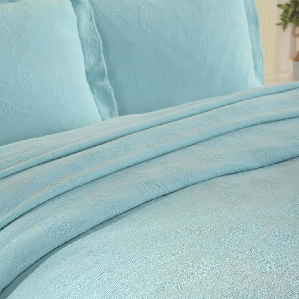 Superior Paisley Jacquard Matelasse Cotton Bedspread with Matching Shams, King, Aqua, 3 Pieces
