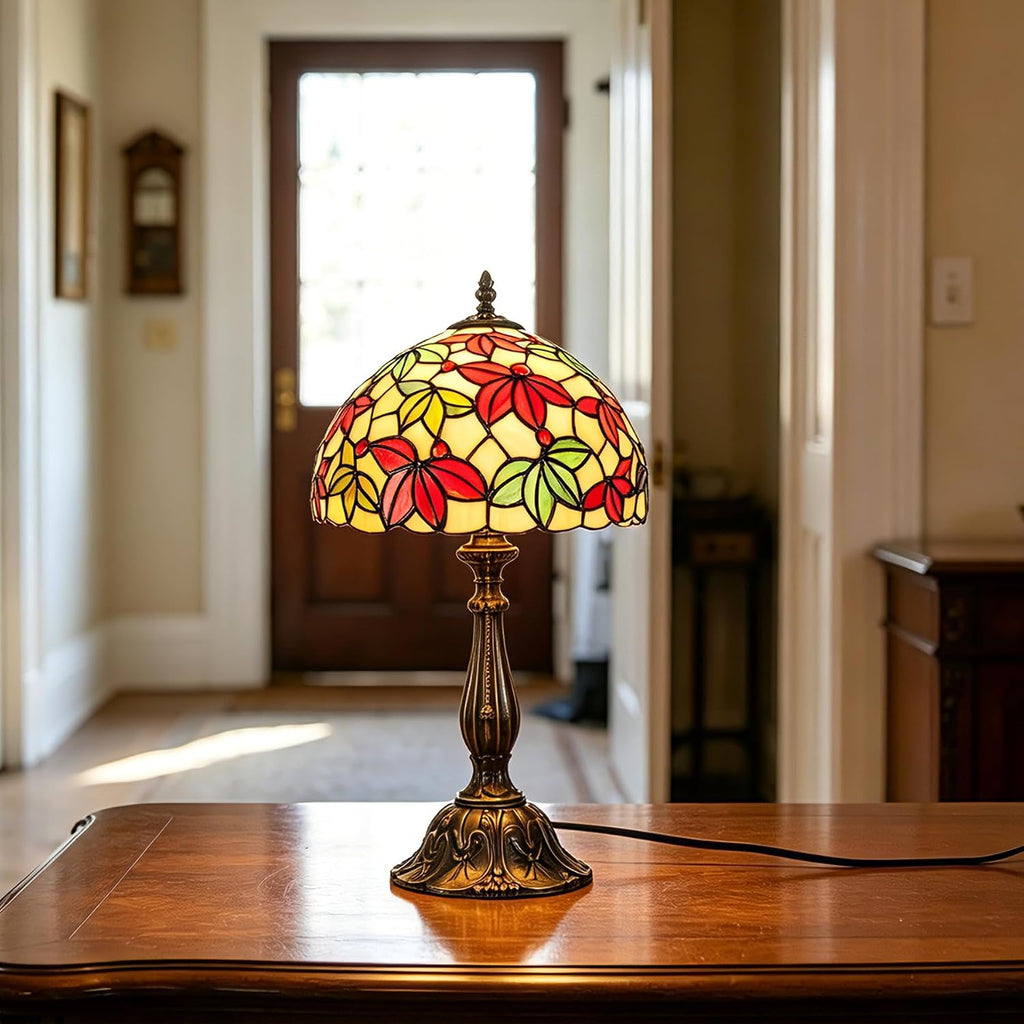 Tiffany Style Stained Glass Table Lamp, Maple Leaf Desk Light with Antique Bronze Resin Base, Multicolor Reading Lighting for Bedroom, Living Room, Office 12'X12'X19 (Maple-White)