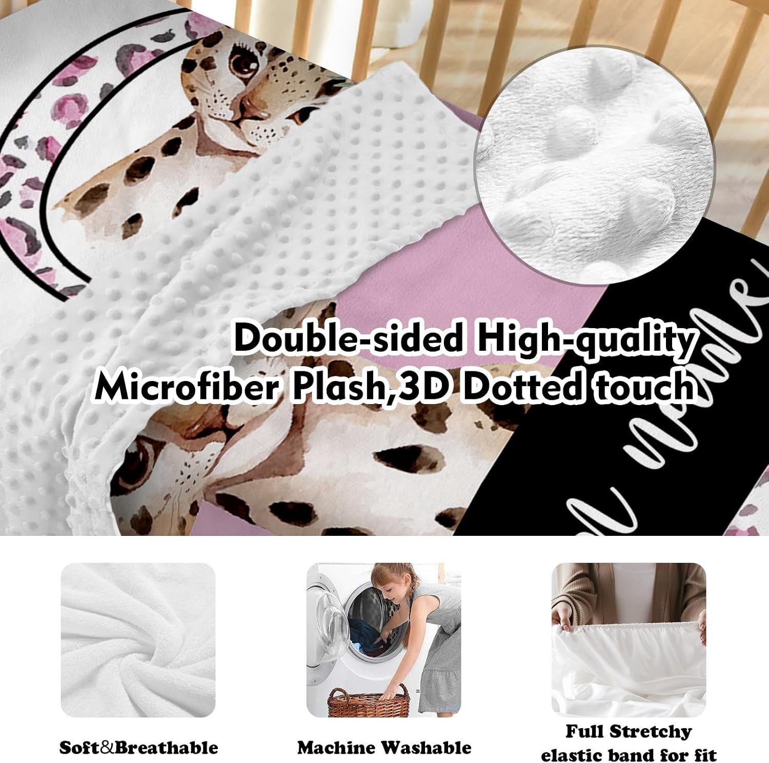 TOOTANN Custom Baby Crib Bedding Set, 5 Pcs Personalized Name Baby Crib Sheets for Kid Toddler Infant, Pink Background Leopards Nursery Bedding Set