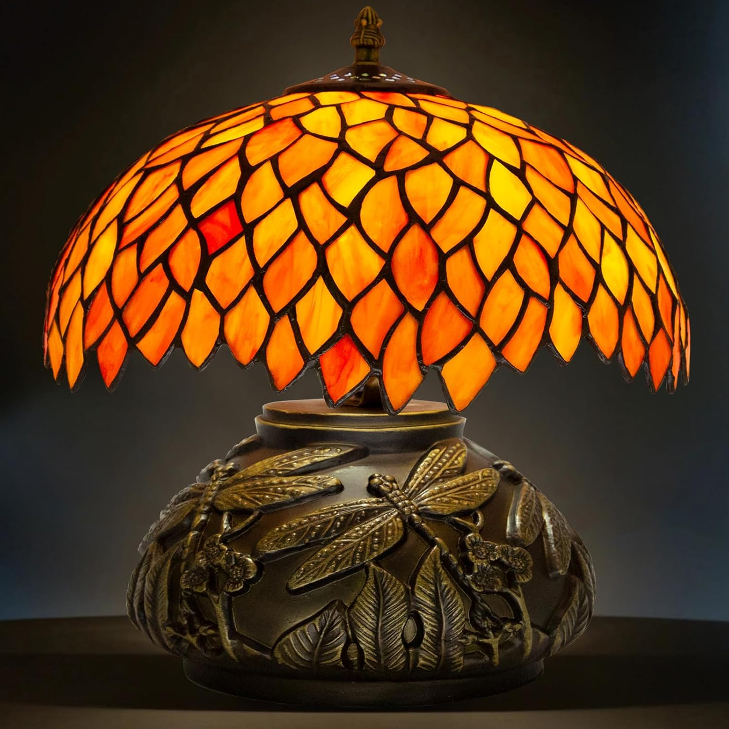 Tiffany Table Lamp Orange Wisteria Style Stained Glass Lamp for Bedside,Bedroom,Living Room,12 Inch Small Vintage Mushroom Desk Lights Included E26 LED with Remote Control(Autumn Leaves)