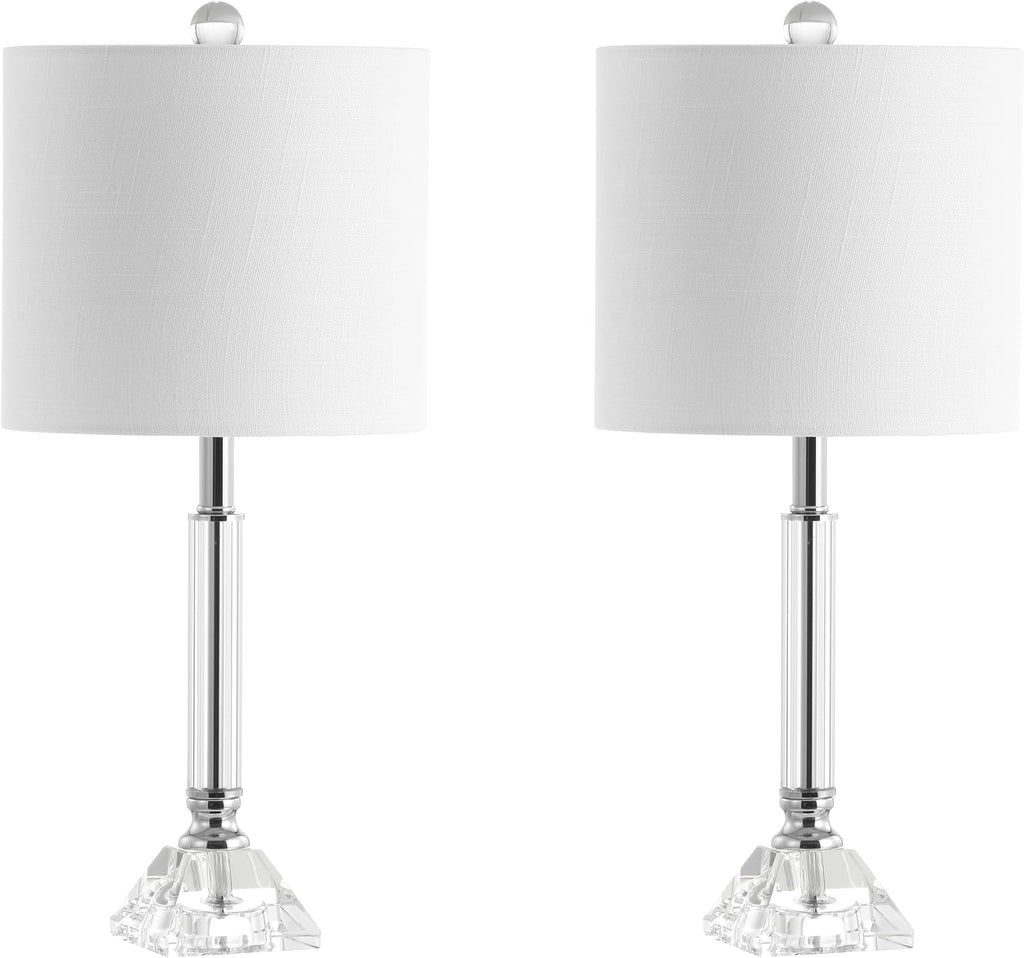 JONATHAN Y 19.5' Clear Crystal Table Lamp Set of 2 for Bedroom, Modern Glam Chrome and Glass Column Nightstand Lamps for Living Room, White Linen Shade, LED Bulbs Included JYL2078A-SET2