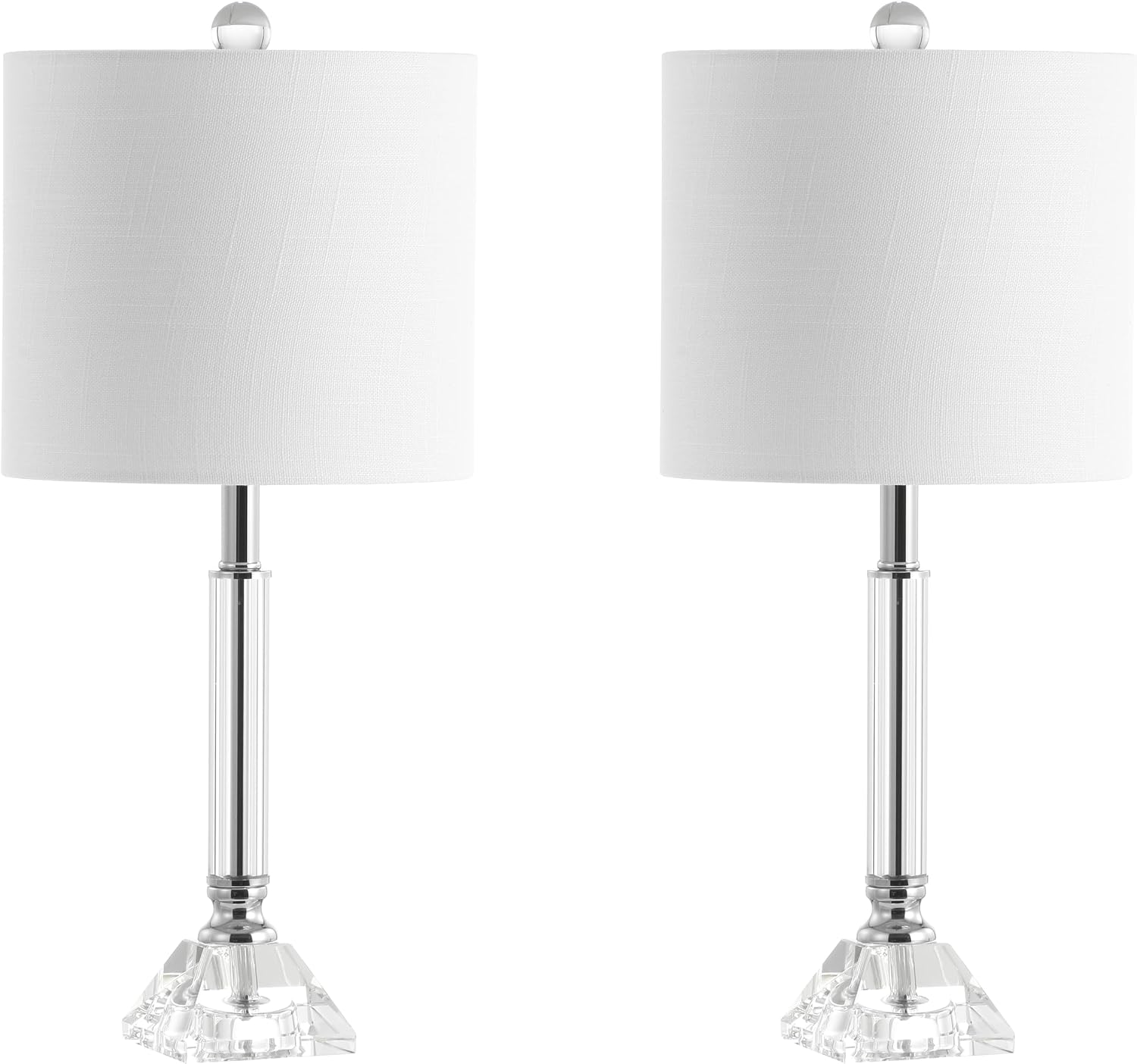 JONATHAN Y 19.5' Clear Crystal Table Lamp Set of 2 for Bedroom, Modern Glam Chrome and Glass Column Nightstand Lamps for Living Room, White Linen Shade, LED Bulbs Included JYL2078A-SET2