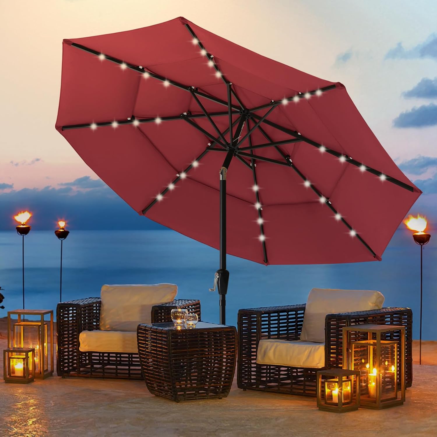 ABCCANOPY 3-Tiers 11FT Solar Patio Umbrella, Outdoor Umbrella with 32 LED Lights for for Deck, Pool, Garden, Backyard (Burgundy)