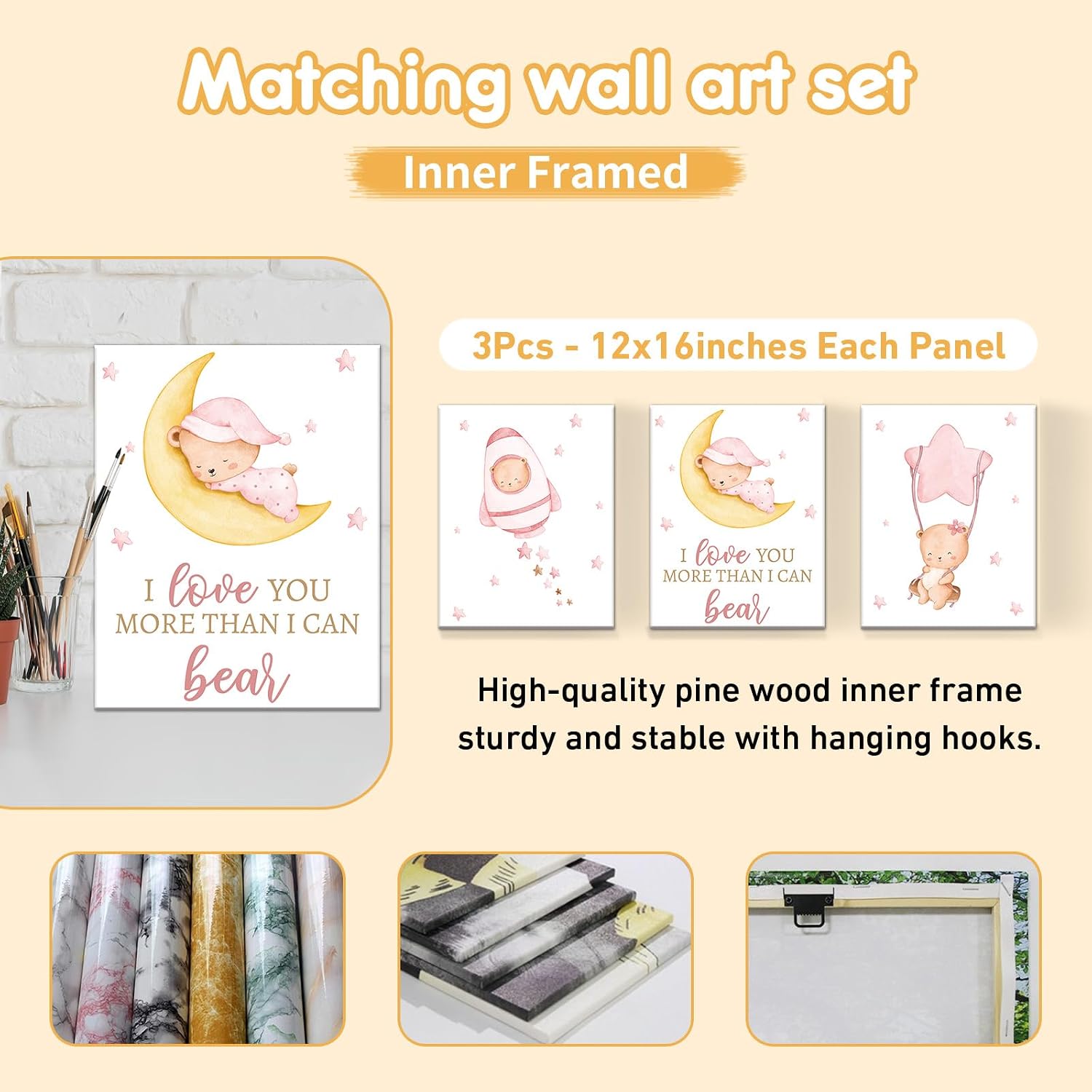 Terwex Custom Crib Bedding Set, 5 Pcs Customized Baby Crib Set with Name, Soft Double Layer Nursery Baby Bedding Set for Girls Boys, Personalized for Infants Toddlers, Pink Moon Bear
