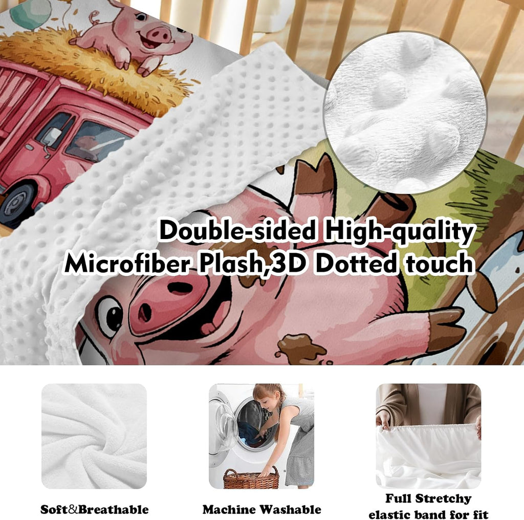 Personalized Crib Bedding Set for Baby Boys Girls, Piglet Pattern Custom Name Baby Crib Sets 5-Pcs, Double Layer Baby Blanket Fitted Sheet Changing Pad Cover Rug Wall Art Set