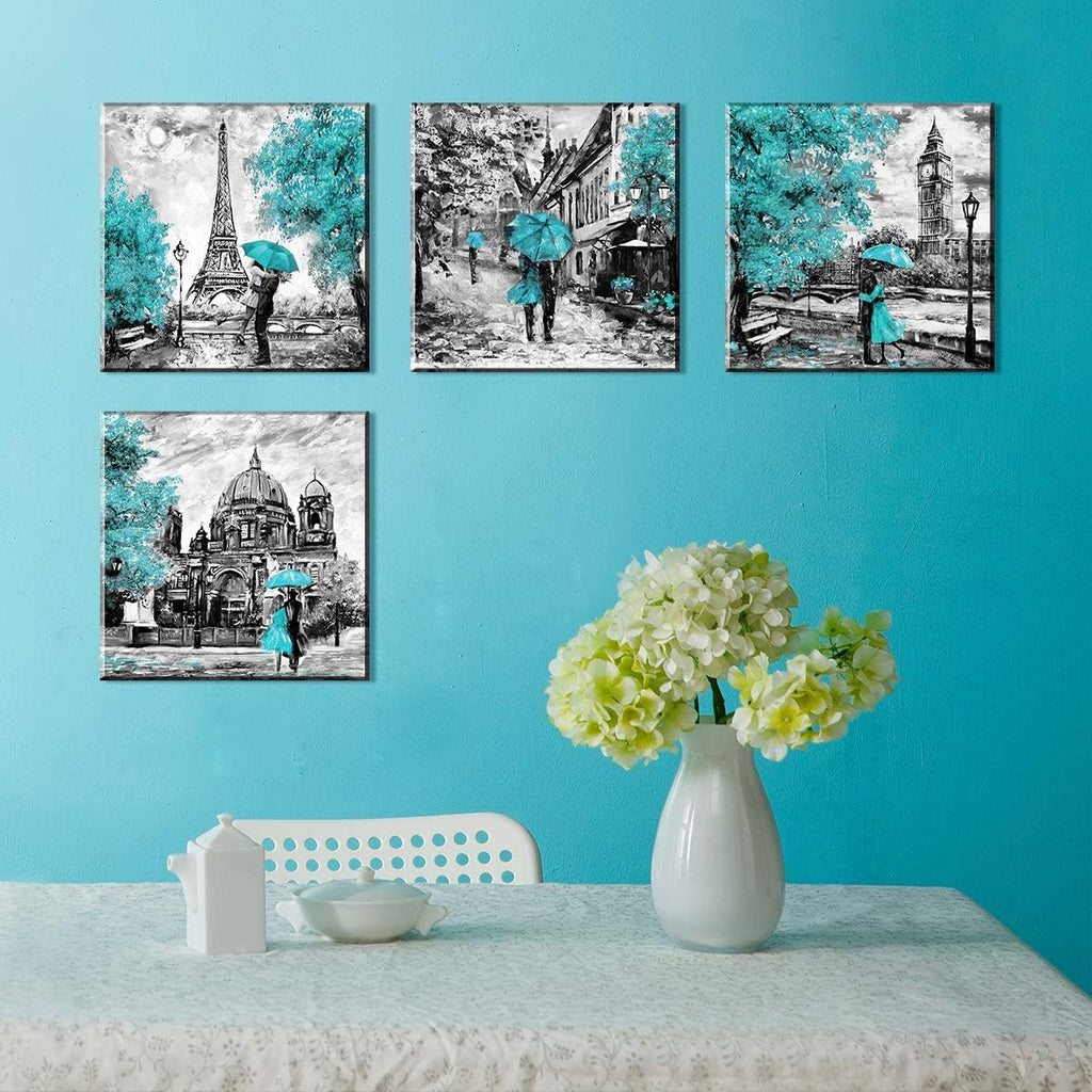 Teal Eiffel Tower Wall Decor Paris Theme Wall Art for Bedroom Black and White Berlin Street Canvas Prints London Big Ben Paintings Pictures Modern Romantic Artwork Home Decorations 24x24' 4Pcs/Sets