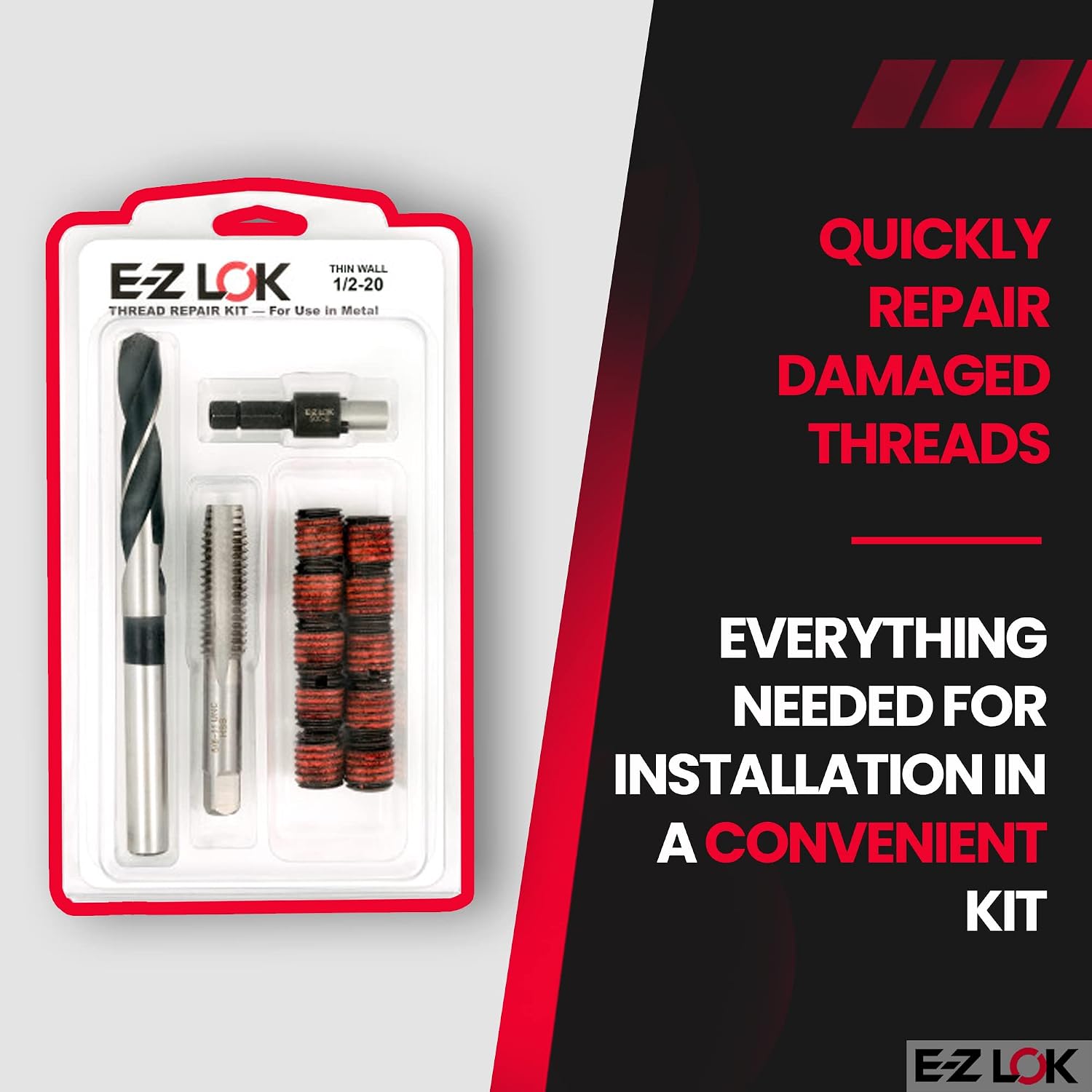 E-Z LOK EZ-310-820 Thread Repair Kit for Metal Carbon Steel Threaded Inserts 1/2-20 and Installation Tools