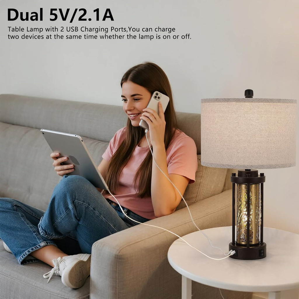 Set of 2 Gold and Bronze Farmhouse Table Lamp,Vintage Bedside Lamp,Rustic Desk Lamp for Bedroom/Living Room/Entryway/Patio/Dining Table,with 2 USB Charging Ports,Bulbs Included,UL Listed