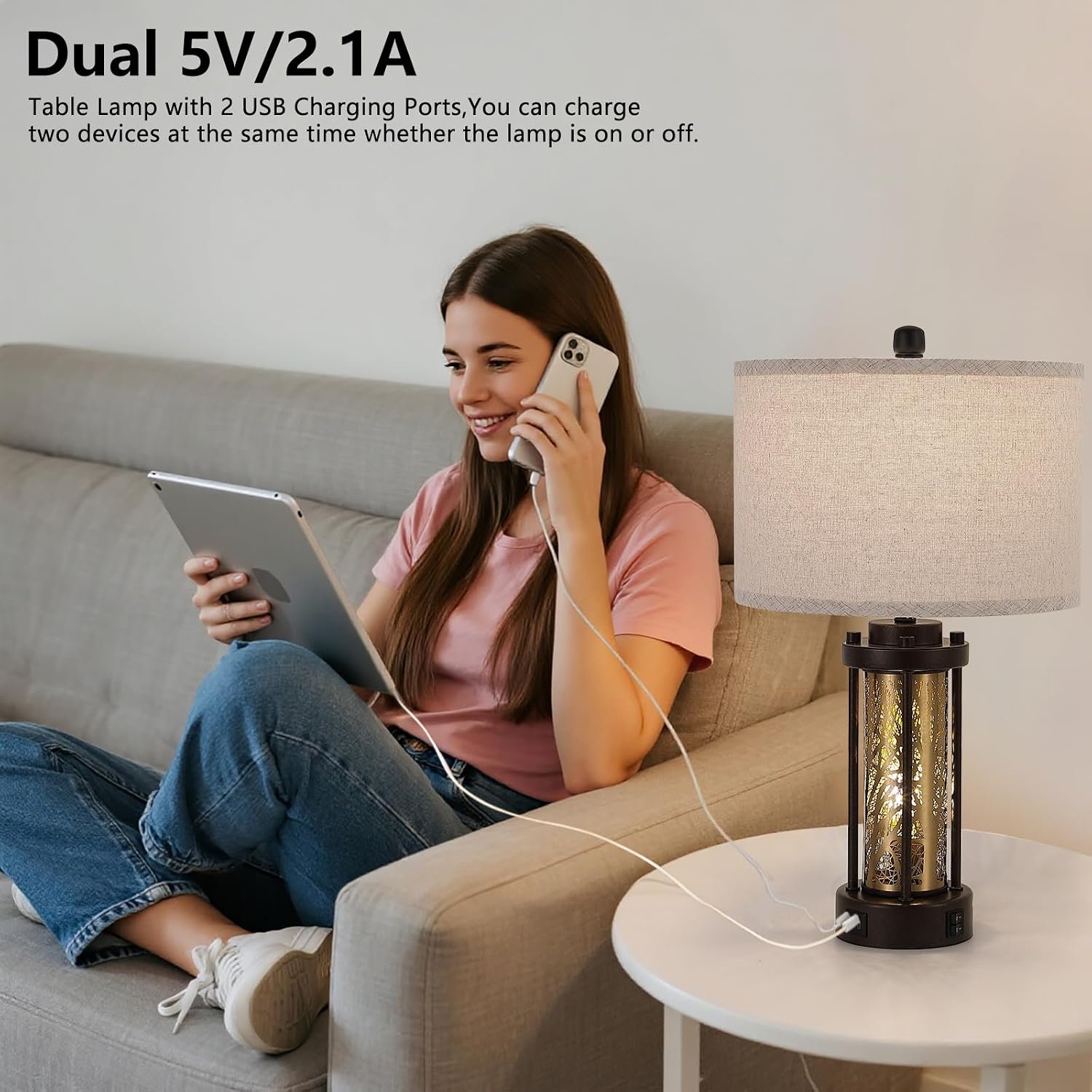 Set of 2 Gold and Bronze Farmhouse Table Lamp,Vintage Bedside Lamp,Rustic Desk Lamp for Bedroom/Living Room/Entryway/Patio/Dining Table,with 2 USB Charging Ports,Bulbs Included,UL Listed