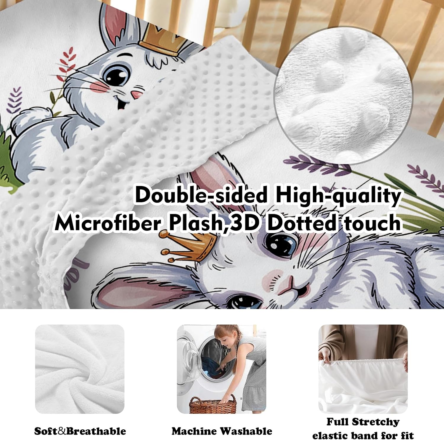 Personalized Crib Bedding Set for Baby Girls, Custom Name Baby Crib Sets 5-Pcs Include Toddler Double Layer Blanket Fitted Sheet Changing Pad Cover Rug Wall Art Set, Gray Rabbit Themes Nursery Décor