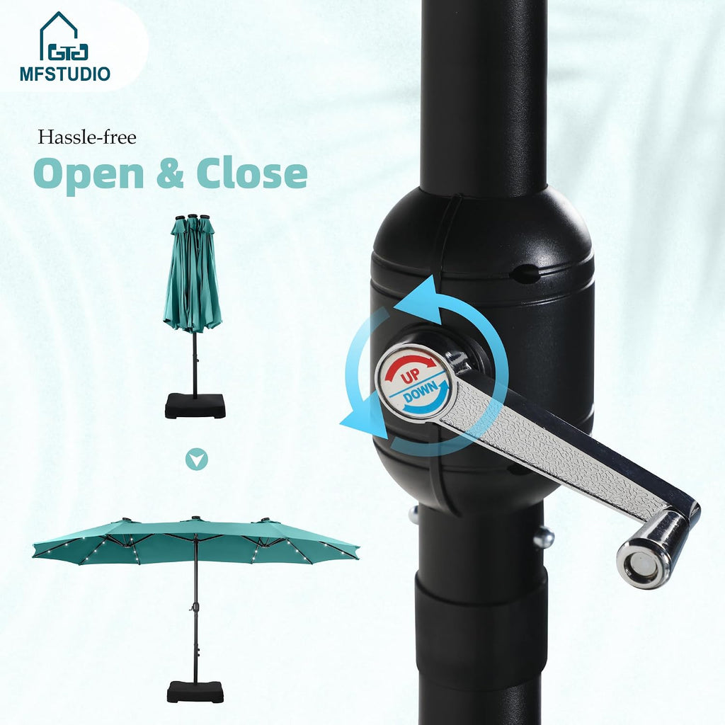 MFSTUDIO 15ft Double Sided Patio Umbrella with Solar Lights, Outdoor Large Umbrellas with Crank Handle and 36 LED Lights, Rectangular Market Umbrella with Base Included for Deck Pool Shade, Turquoise