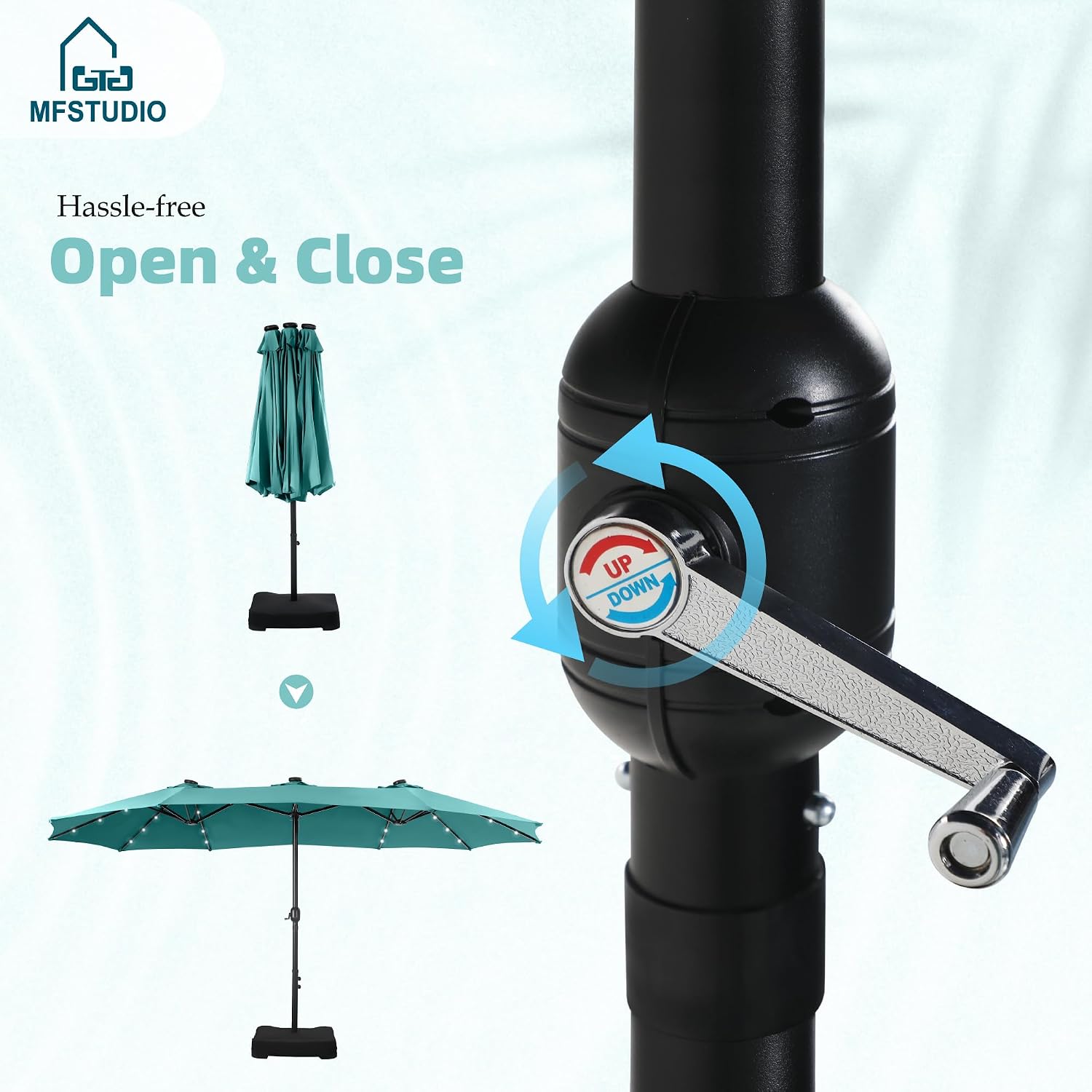 MFSTUDIO 15ft Double Sided Patio Umbrella with Solar Lights, Outdoor Large Umbrellas with Crank Handle and 36 LED Lights, Rectangular Market Umbrella with Base Included for Deck Pool Shade, Turquoise