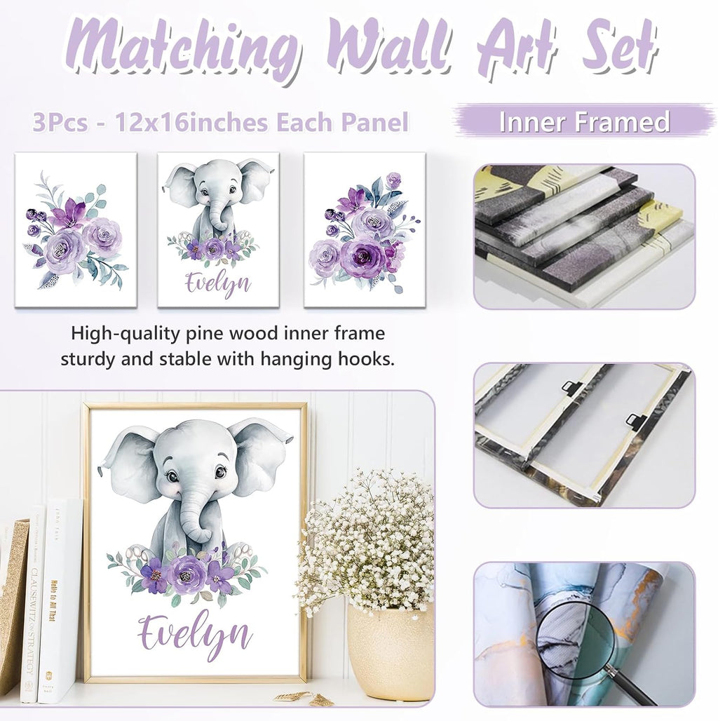 Personalized Baby Crib Bedding Set, 5 Pcs Custom Name Nursery Bedding Set for Girls Boys, Purple Elephant Baby Crib Set for Toddlers Infants, Double Layer Bedding Crib Sets Customized Gifts