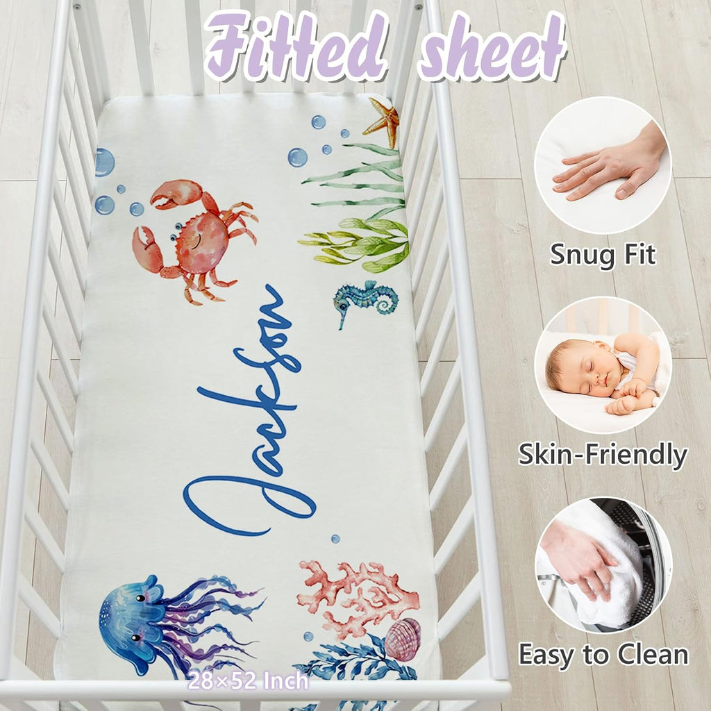 Personalized Baby Crib Bedding Set, 5 Pcs Custom Name Nursery Bedding Set for Girls Boys, Ocean Animals Baby Crib Set for Toddlers Infants, Double Layer Bedding Crib Sets Customized Gifts