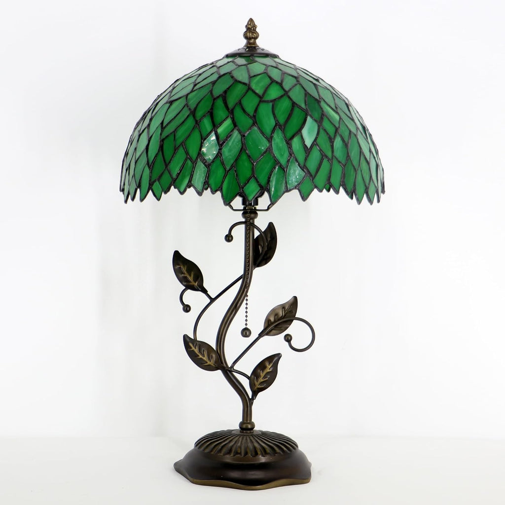 Tiffany Table Lamp, Stained Glass Desk Light, W12H19 Inch, Metal Leaf Base (Green Wisteria)