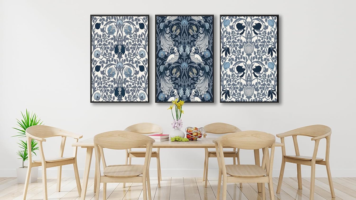 Large Framed Canvas Wall Art - Navy Blue Pictures William Morris Style for Living Room Boho Prints Bird Flower Wall Decor for Bedroom Dining Room Black Float Frame 32' X 48' X 3 Pieces