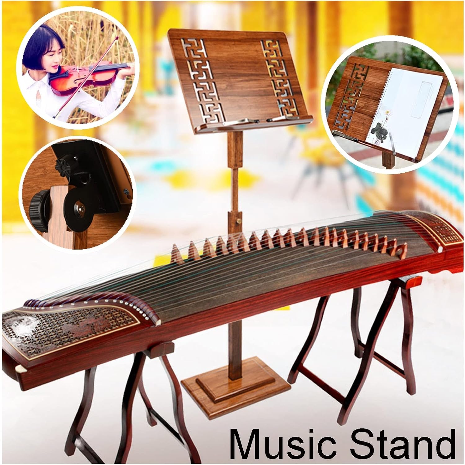 Violin Music Stand with Carrying Bag, Sheet Music Stand with Violin Hanger, Stable and Rotatable, The Wooden Bookshelf is More Stable, Extra Stable Metal Music