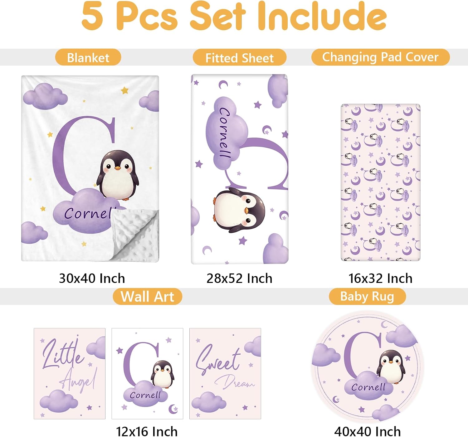 Terwex Custom Baby Bedding Set, 5 Pcs Personalized Baby Crib Sets with Name, Toddler Bedding Set for Baby Girl Boy, Purple Penguin Double Layer Nursery Bedding Set, Customized Gift for Infant Newborn