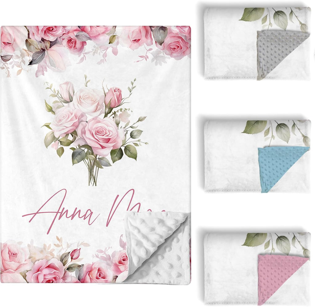 Custom Baby Crib Bedding Set, 5 PCS Personalized Name Baby Crib Sets for Girls Boys, Pink Flower Theme Nursery Bedding Sets for Infant Toddler, Double Layer Flannel Bed Set Customized Gifts