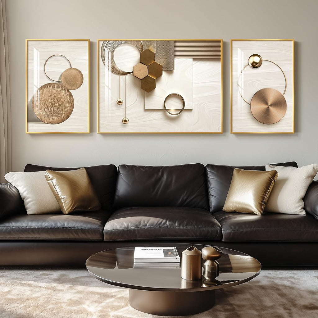 Extra Large Modern Luxury Gold Framed Wall Art for Living Room, 3 Piece Glam Bright Art Prints Paintings Artwork for Walls, Contemporary Bronze Geometric Pictures for Hallway Stair Office Wall Decor