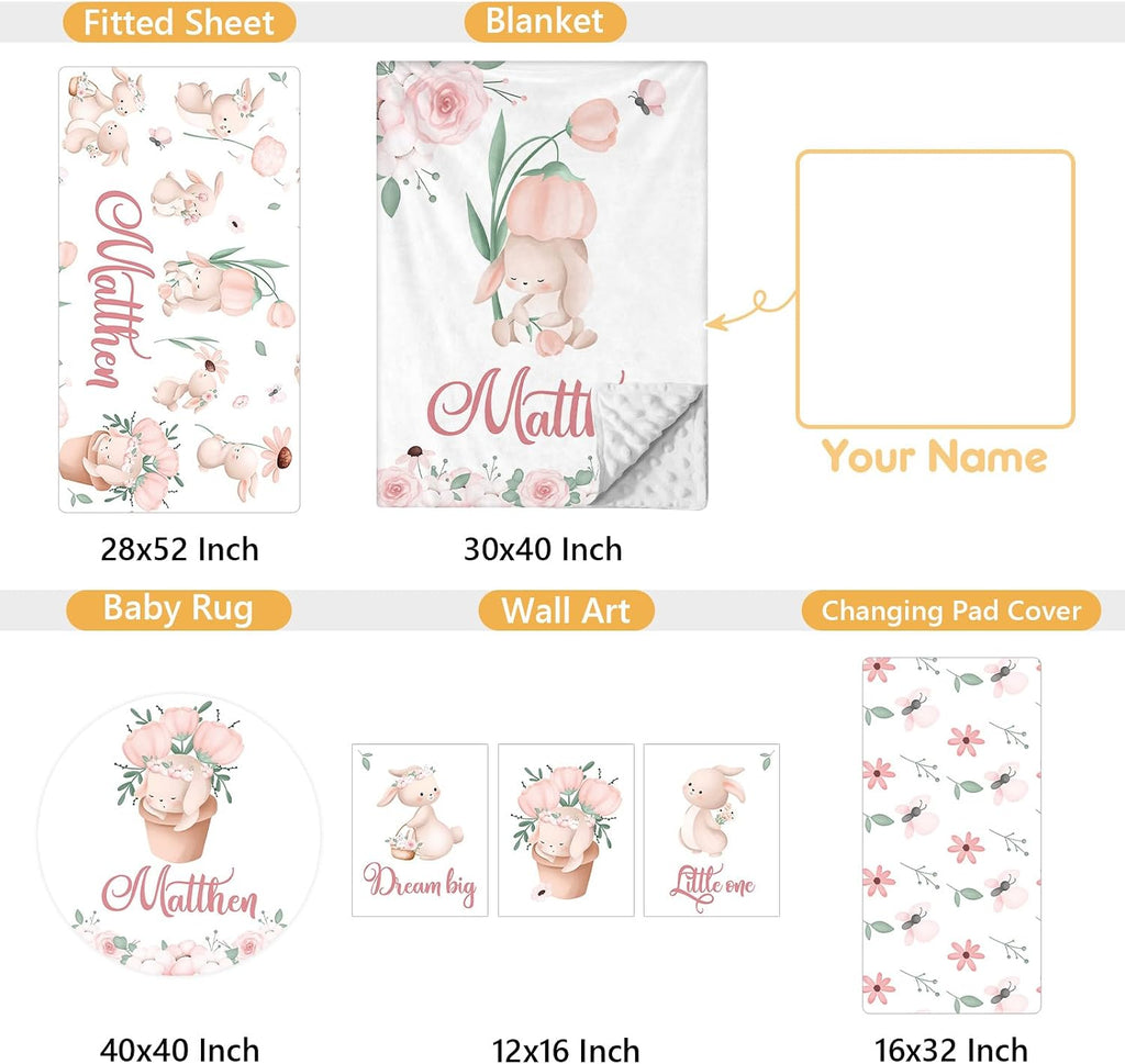 Terwex Custom Baby Crib Bedding Set - 5 Pcs Personalized Name Baby Crib Set with Double Layer Blanket - Soft Tulip Bunny Nursery Bedding Set for Girls Boys - Customized Gifts for Infants Toddlers