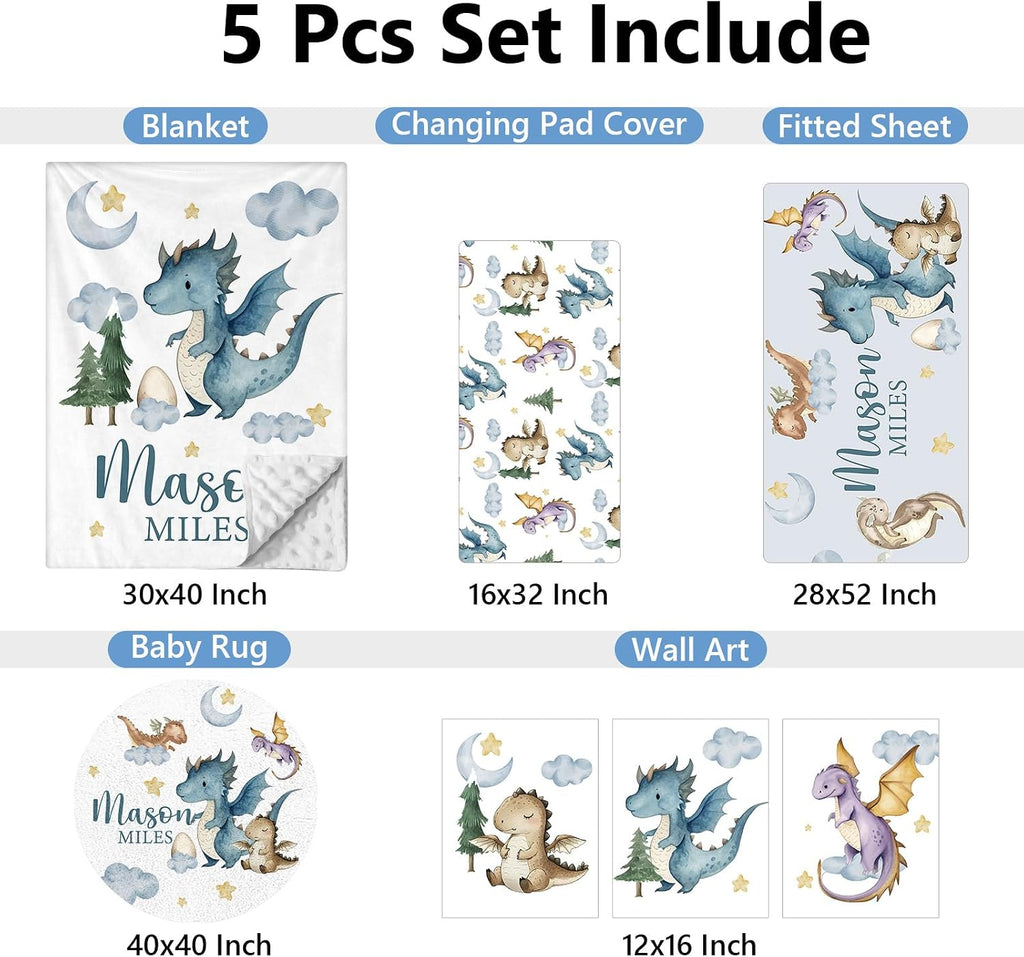 KAINSY Custom Crib Bedding Set 5 Piece for Baby Boys – Personalized Flying Dinosaur Theme, Newborn Sleep Set, Nursery Decor, Toddler Room Essentials, Infant Sleep, Baby Room Accessories, Baby Gift