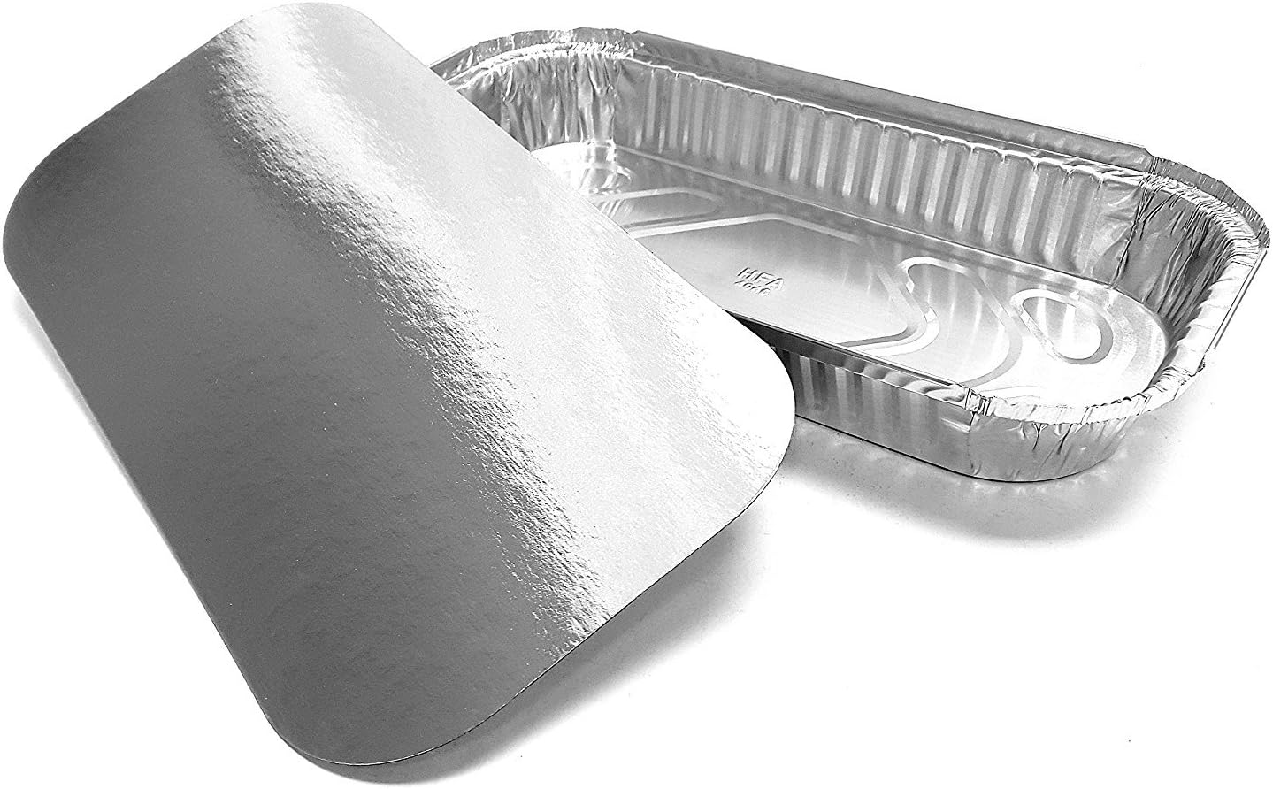 PACTOGO 3 lb. Oblong Aluminum Foil Entrée Take-Out Pan with Board Lid Disposable Containers 12.37' x 6.57' x 1.43' (Pack of 100 Sets)