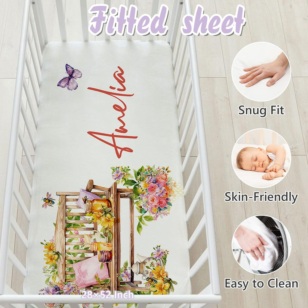 Personalized Baby Crib Bedding Set, 5 Pcs Custom Name Nursery Bedding Set for Girls Boys, Honey & Bee Baby Crib Set for Toddlers Infants, Double Layer Bedding Crib Sets Customized Gifts