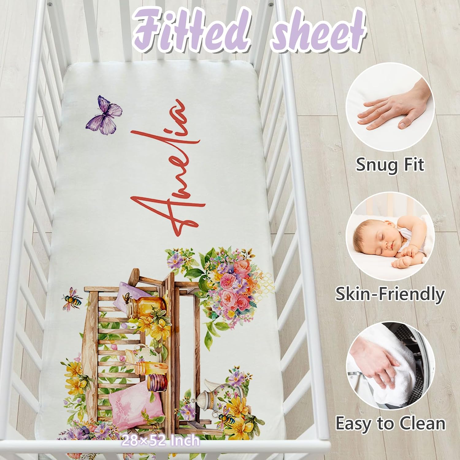 Personalized Baby Crib Bedding Set, 5 Pcs Custom Name Nursery Bedding Set for Girls Boys, Honey & Bee Baby Crib Set for Toddlers Infants, Double Layer Bedding Crib Sets Customized Gifts