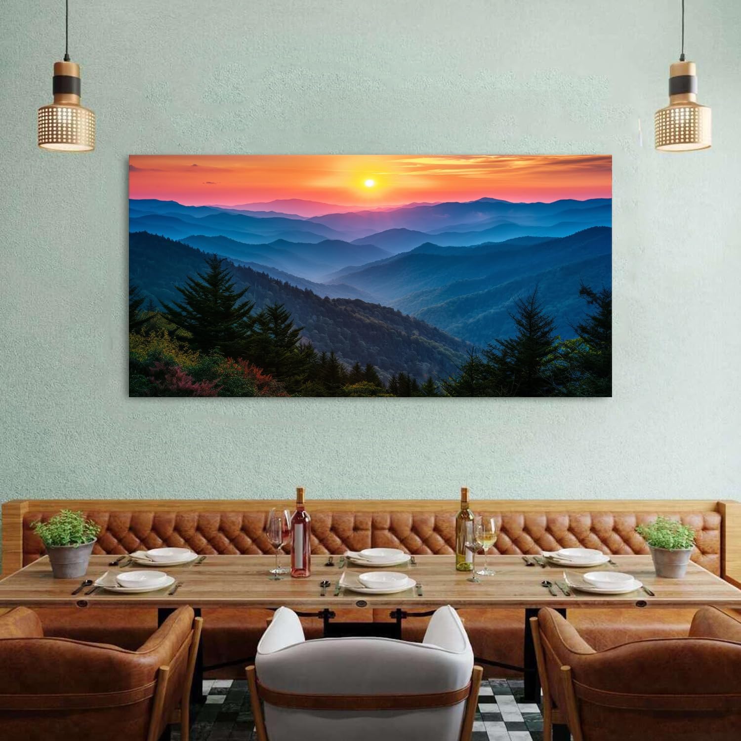 Great Smoky Mountain Wall Art for Living Room Sunset Blue Ridge National Park Poster Canvas Prints Natural Scenic Artwork Bathroom Rustic Misty Forest Landscape Picture Bedroom Home Decorations 30x57.8'