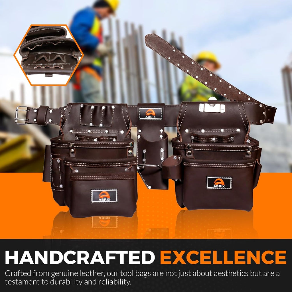 ABRIX Heavy Duty Tool Belt for Men – 4MM Thick Genuine Leather, Brass Buckle & Rivets | Foam Padded Comfort | 28-Pocket Carpenter & Framing Rig | Fits Waist 32 to 52 Inches | Professional Work Belt