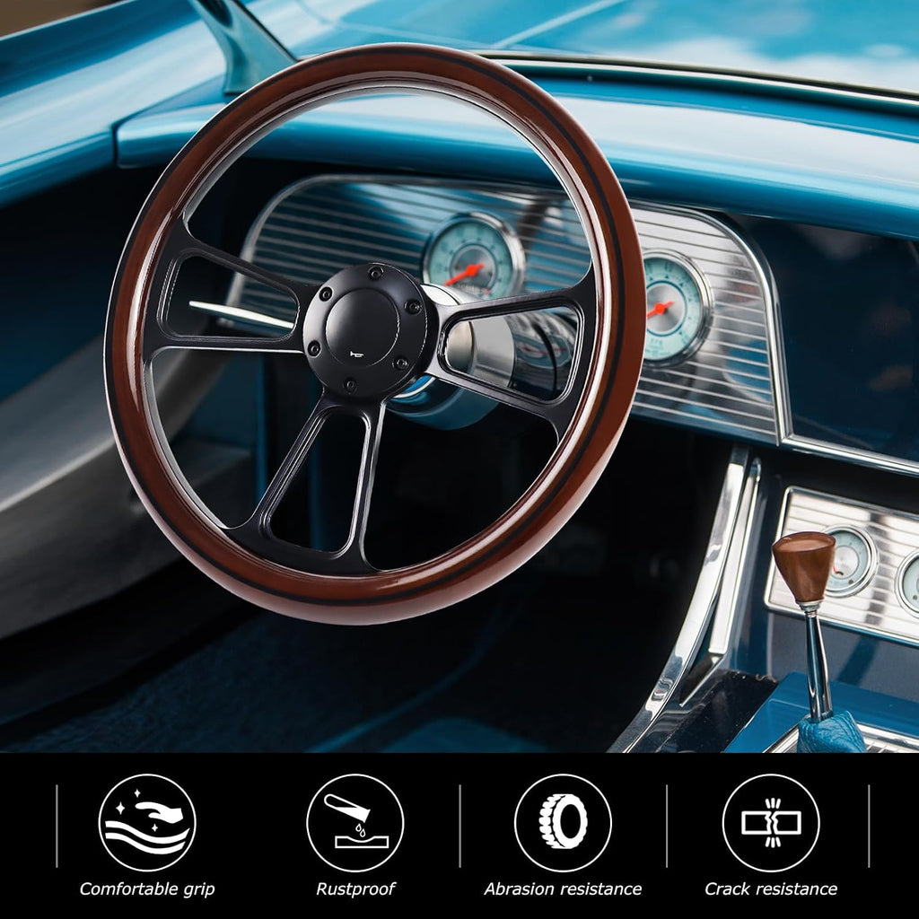 14 Inch Universal Wooden Racing Steering Wheel 6 Bolt Black Aluminum 3 Spoke Vintage with Horn Button for Racing/Rally/Motorsports Black Line Steering Wheel