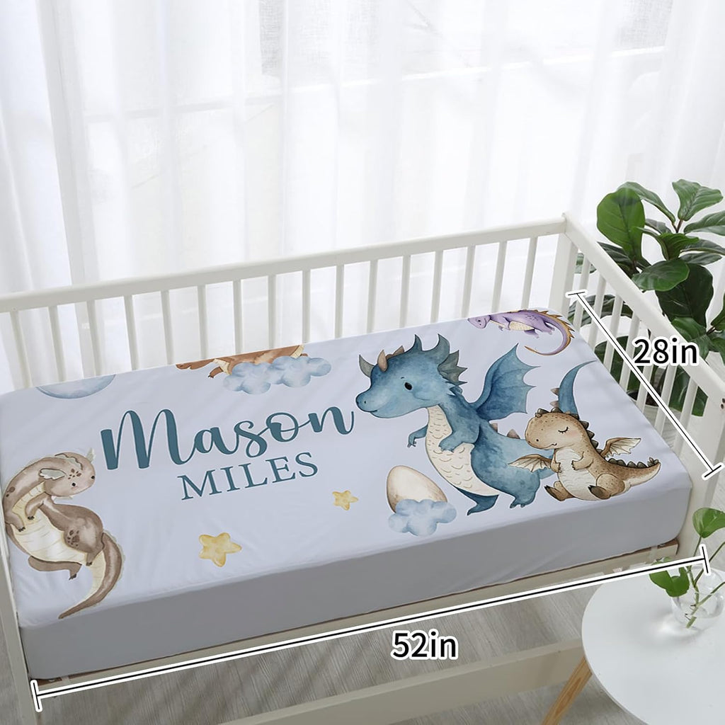 TOOTANN Custom Baby Crib Bedding Set, 5 Pcs Personalized Name Baby Crib Sheets for Kid Toddler Infant, Blue Dinosaurs Nursery Bedding Set