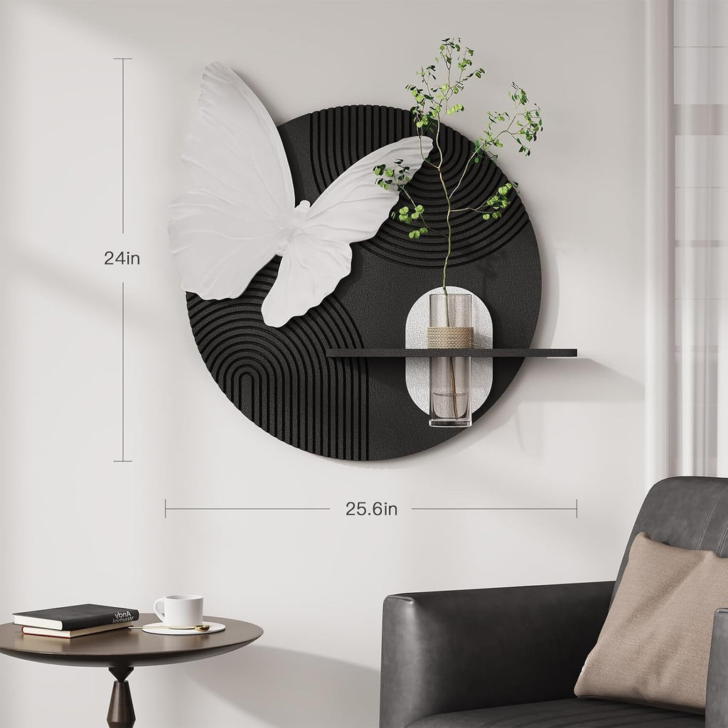 3D Black and White Butterfly Wall Art Decor for Living Room, Modern Minimalist Textured Artwork for Walls with Vase, Geometric Round Sandstone Wall Decor for Dining Room Hallway Bedroom Office