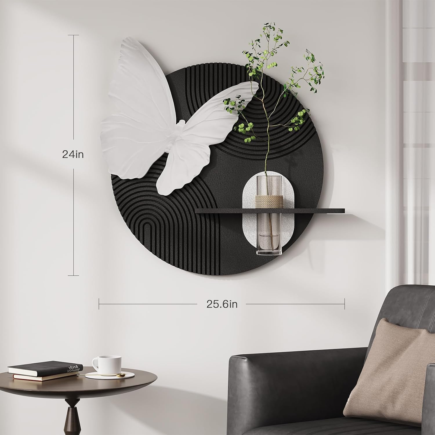 3D Black and White Butterfly Wall Art Decor for Living Room, Modern Minimalist Textured Artwork for Walls with Vase, Geometric Round Sandstone Wall Decor for Dining Room Hallway Bedroom Office
