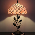 Tiffany Lamp Stained Glass Style Table Lamp Pink Fishscale Style Bedside Desk Reading Light W12H19 Inch Metal Leaf Base with Metal Leaf Base