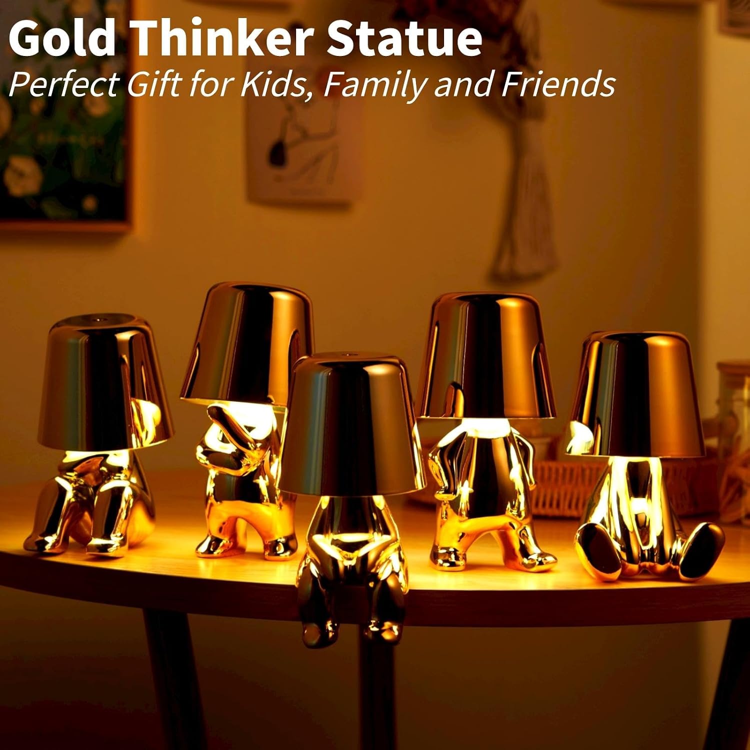 Thinker Lamp Collection, Gold Bedside Touch Table Lamp Cute Desk Decor Cordless Rechargeable Nightstand Night Light with Dimmable Brightness for Home, Office, Bedroom (5 Pack)