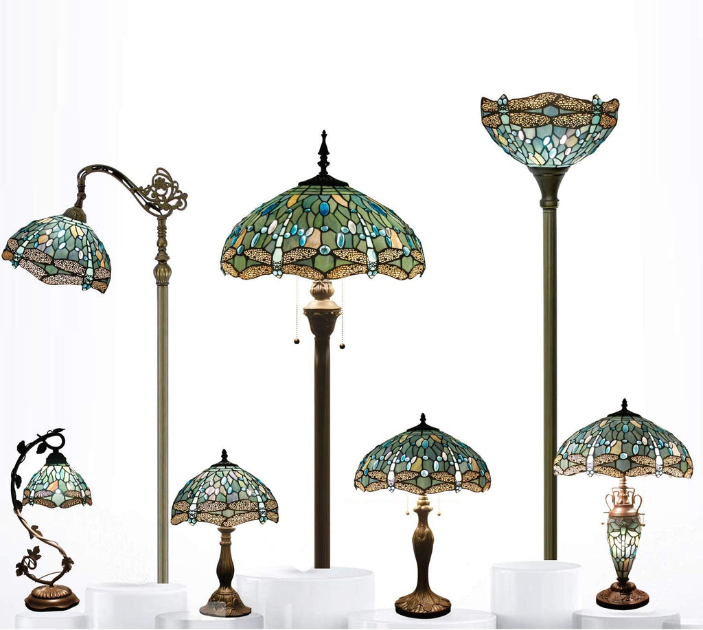 WERFACTORY Tiffany Lamp Sea Blue Stained Glass Table Lamp 12X12X18 Inches Dragonfly Style Desk Reading Light S147 Series
