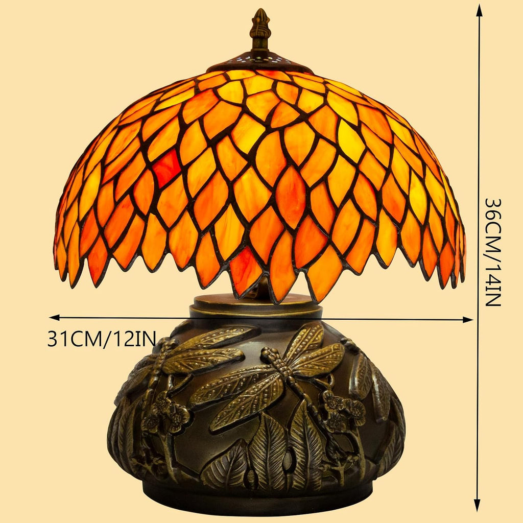 Tiffany Table Lamp Orange Wisteria Style Stained Glass Lamp for Bedside,Bedroom,Living Room,12 Inch Small Vintage Mushroom Desk Lights Included E26 LED with Remote Control(Autumn Leaves)