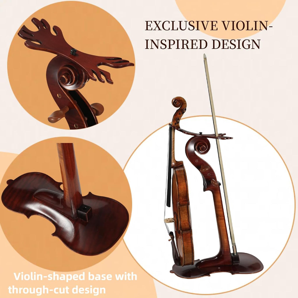 Solid Wood Violin Stand with Bow Holder - No Assembly Needed, Heavy-Duty 4/4 Size Display, Handcrafted Cut-Out Design for Home/Studio/Stage