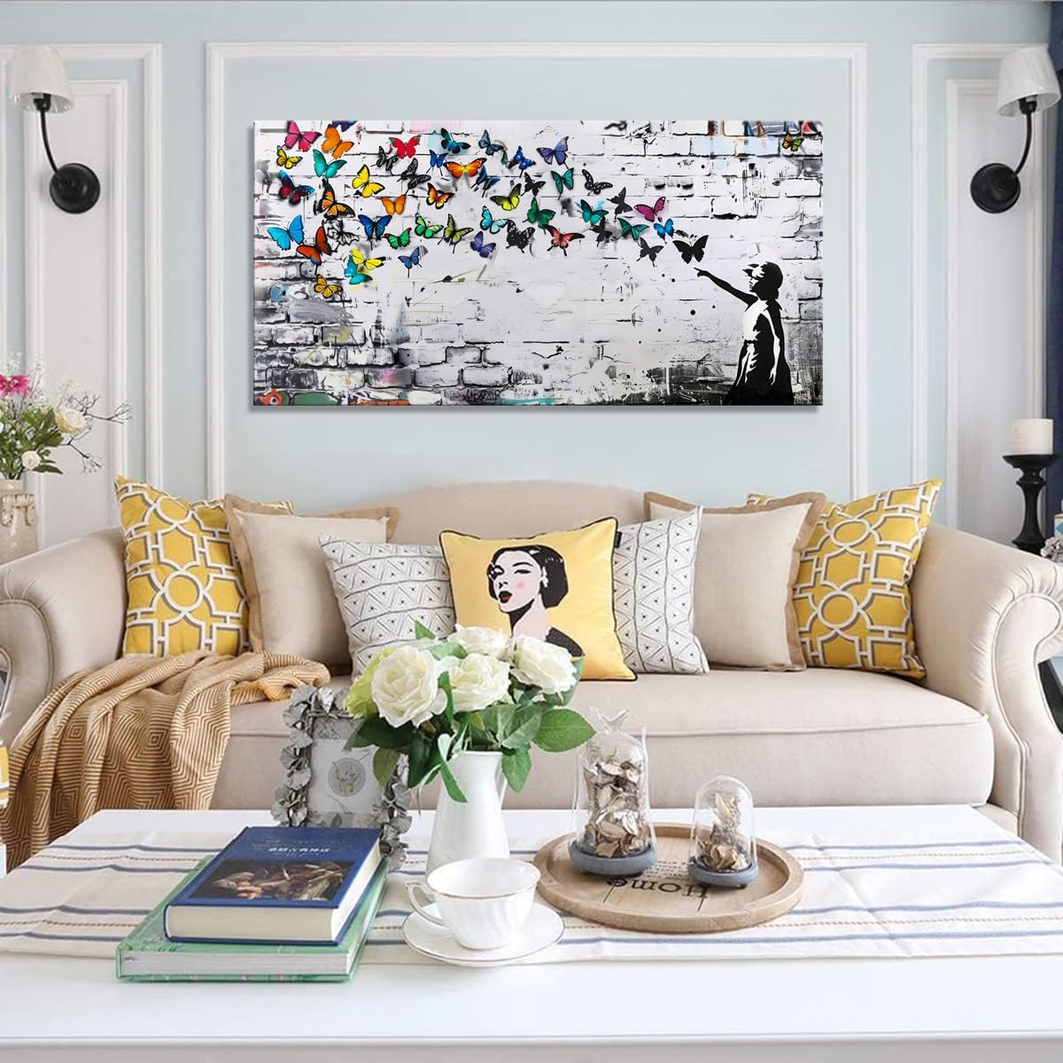Colorful Graffiti Wall Art Funny Butterfly Paintings Banksy Street Art Mural Pop Art Home Office Wall Decor Framed Canvas Wall Decor for Living Room Ready to Hang - 71x36in