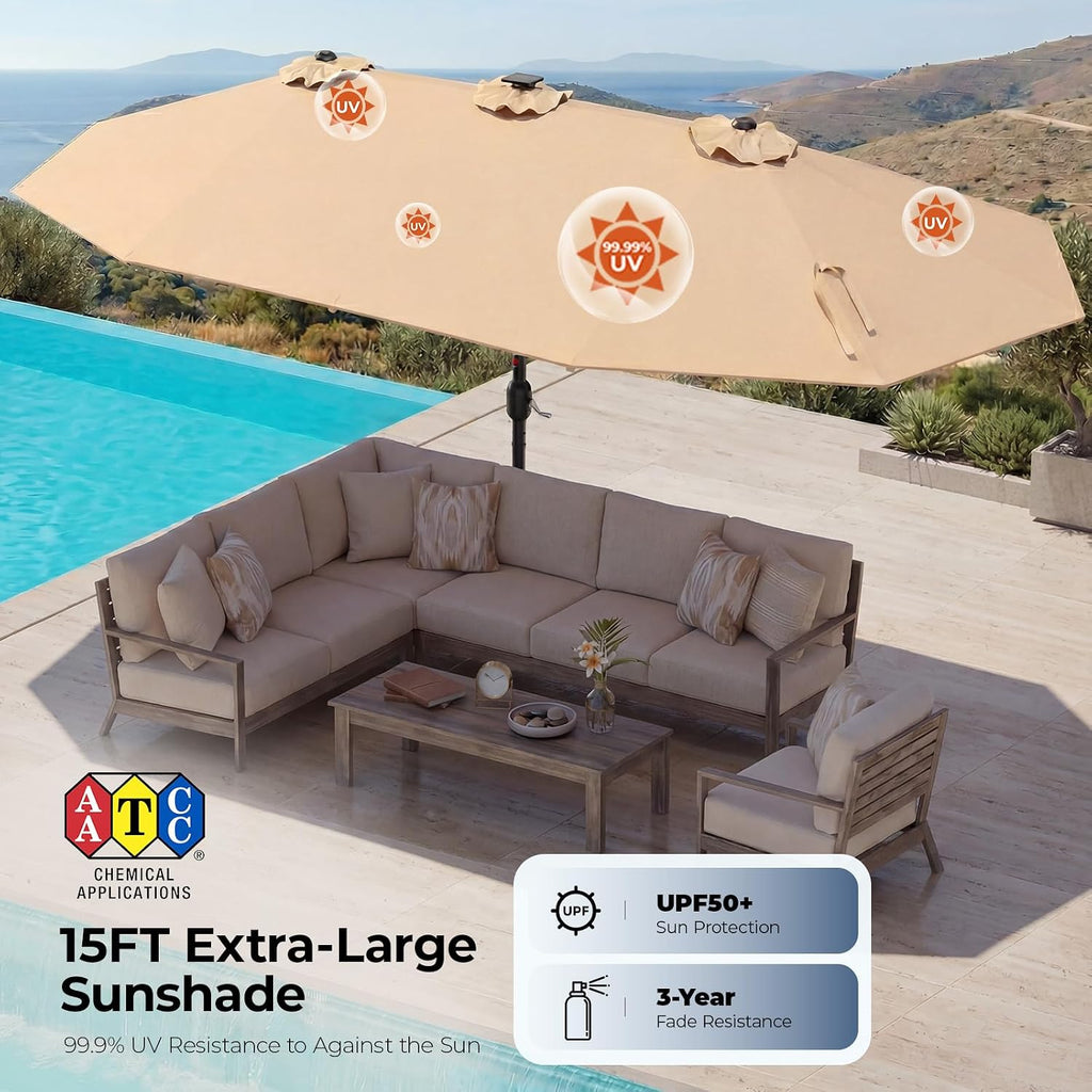 HOMSHADE Double Sided Patio Umbrellas - 13ft Solar Lights LED Lighted Outdoor Extra Large Market Table Umbrella with Base Included, Oversized Umbrella for Deck, Pool, Backyard