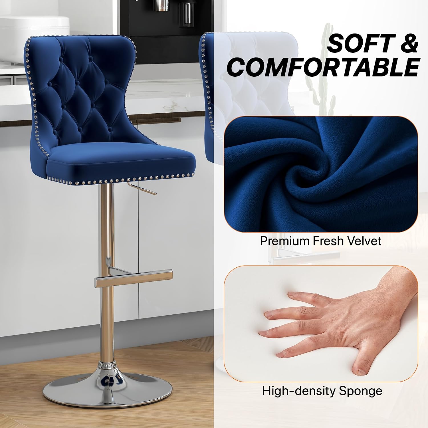 Bar Stools Set of 4, Velvet Swivel Counter Height Stools with Tufted Back, Adjustable Seat with Nailheads Trim, Upholstered Bar Chairs with Steel Base for Kitchen Island, Pub, Blue