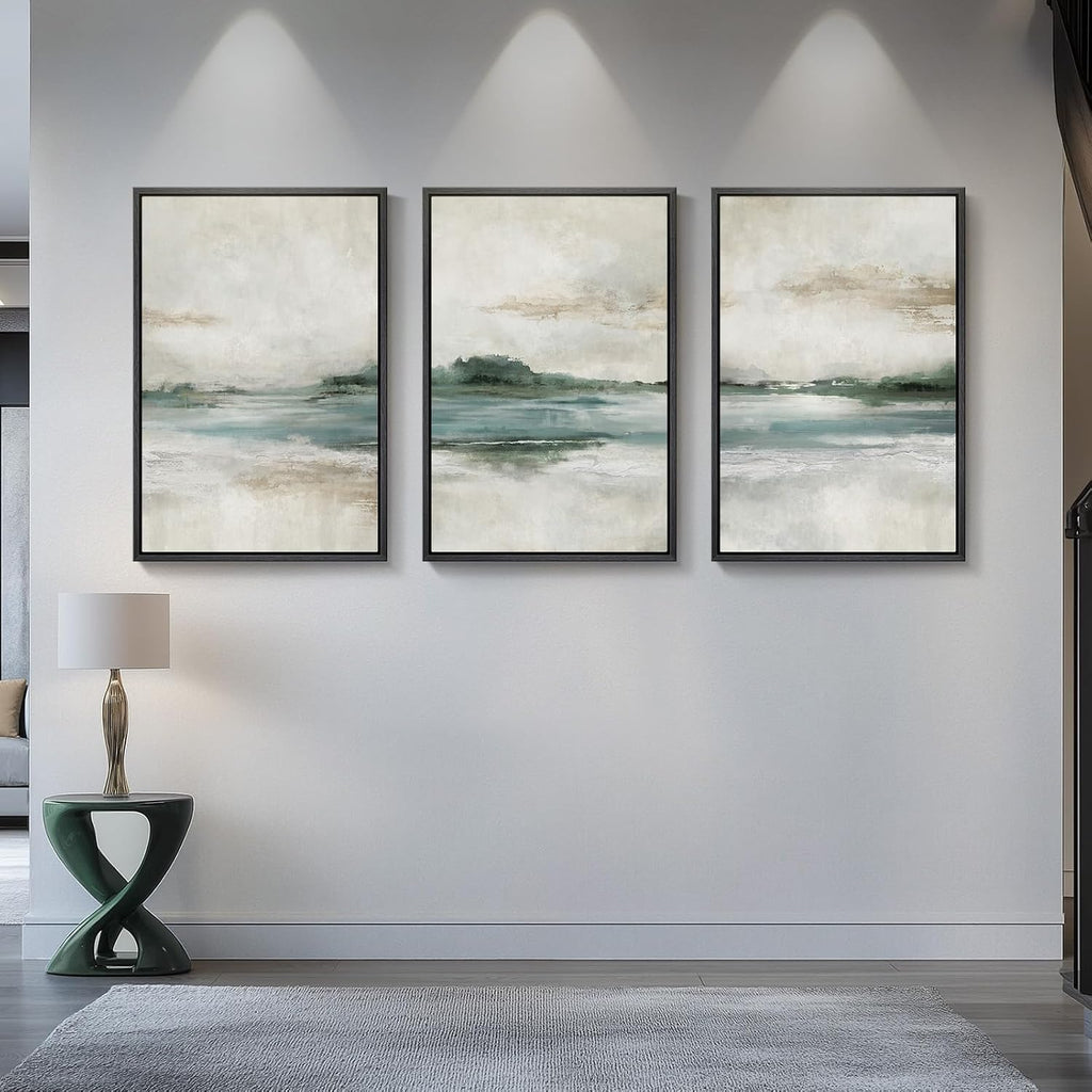 Large Framed Abstract Landscape Wall Art, 3 Piece Canvas Prints Paintings Artwork for Walls, Soft Blue and Green Nature Lake Pictures for Living Room Dining Bedroom Home Office Wall Decor 20x30 In