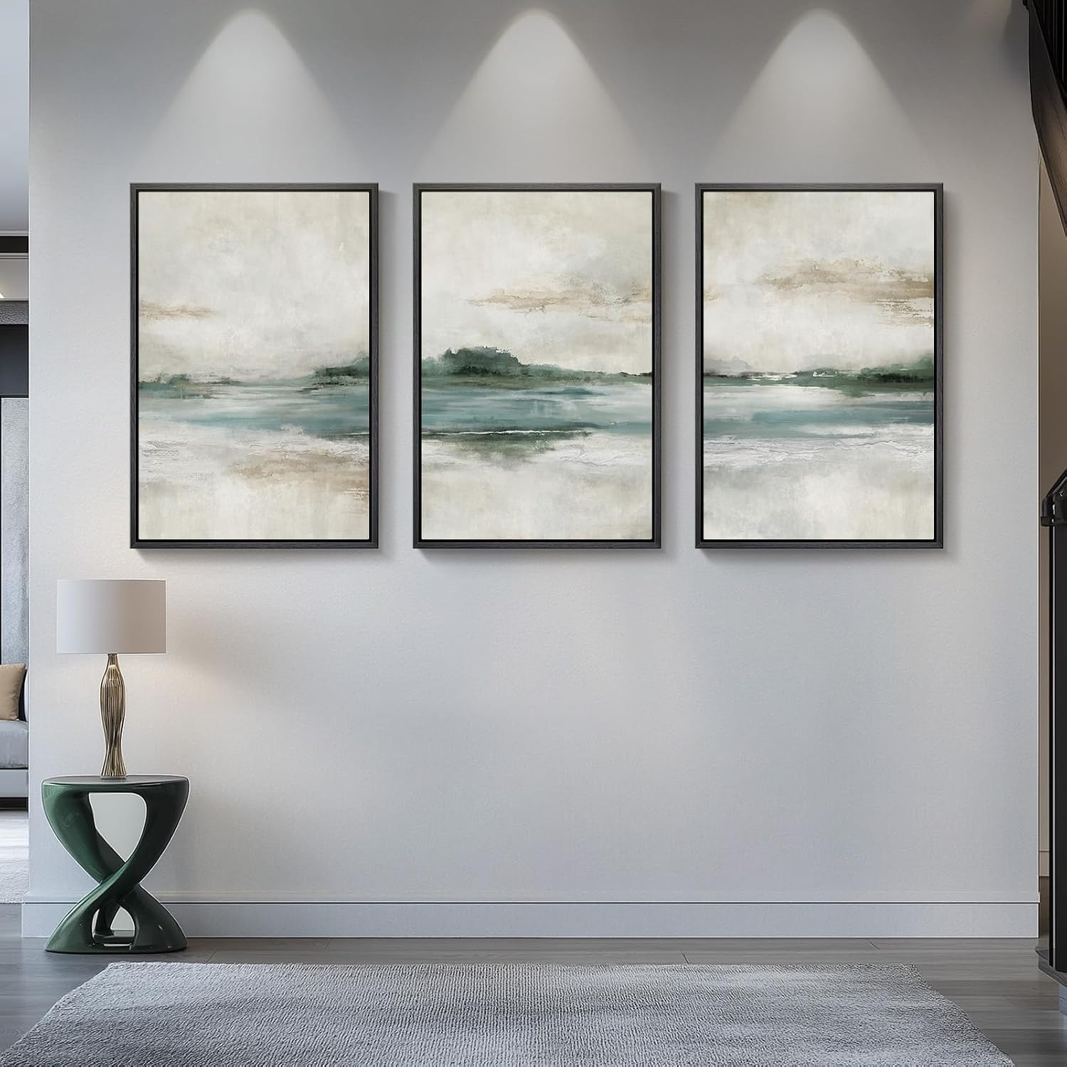 Large Framed Abstract Landscape Wall Art, 3 Piece Canvas Prints Paintings Artwork for Walls, Soft Blue and Green Nature Lake Pictures for Living Room Dining Bedroom Home Office Wall Decor 20x30 In