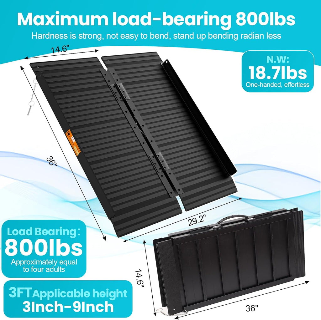 Portable Wheelchair Ramp 3ft, Non-Skid Aluminum Ramps for Wheelchairs for Home Steps, 800 LBS Capacity Handicap Ramp for Doorway, Homes, Threshold, Entry, Stairs 36' Lx 29.2' Wx2H