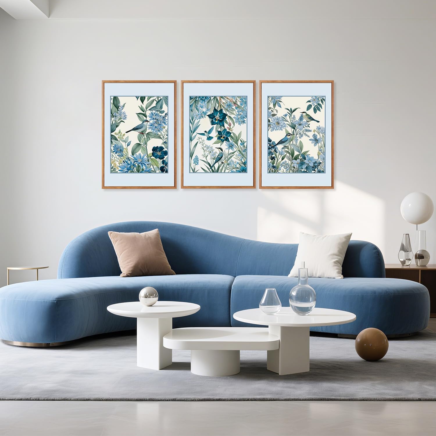 Aurlan Vintage Blue Birds and Botanical Framed Wall Art(24'x36'), 3PCS Classic Chinoiserie Audubon Bird Canvas Artwork, Large Abstract Watercolor Flowers Floral Home Decor for Bedroom Living Room