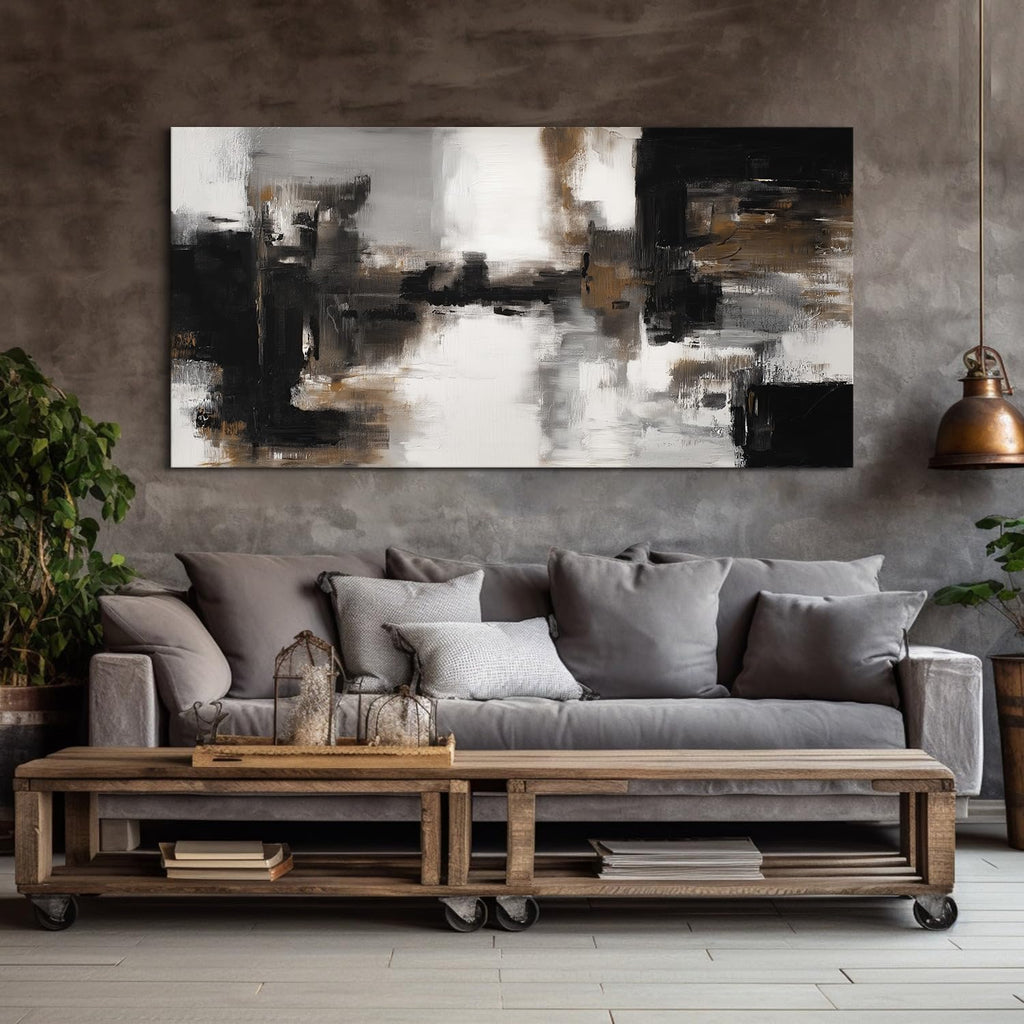 Extra Large Black and White Gray Abstract Canvas Wall Art Mid Century Modern Living Room Decor Abstract Black Grey Stroke Ink Painting Prints Poster Graffiti Artwork Home Office Decorations 75x147cm