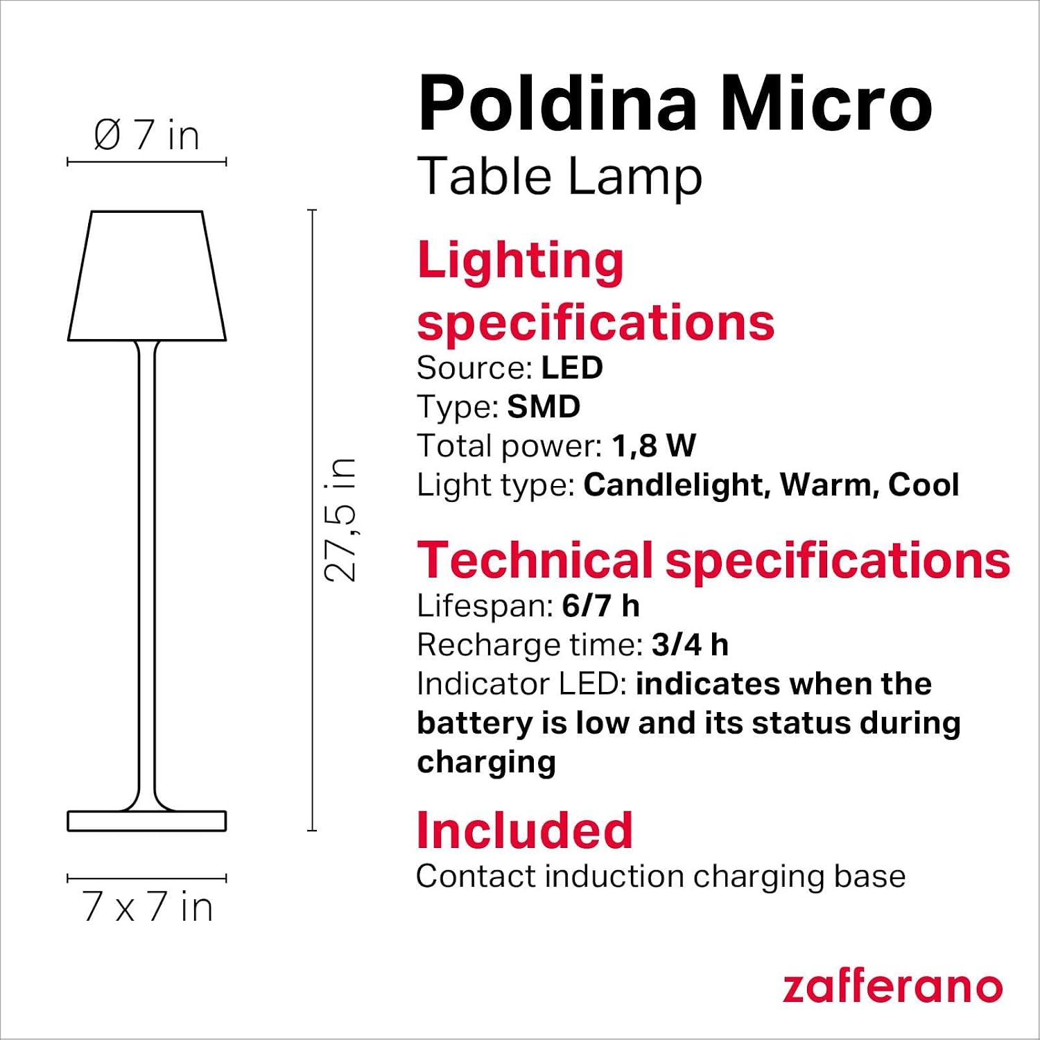 Zafferano, Poldina Micro Lamp, Rechargeable Cordless Table Lamp with Touch Controls, Suitable for Indoor and Outdoor, Dimmer, 2200-3000 K, Height 10.8 Inches, Capri Blue Color